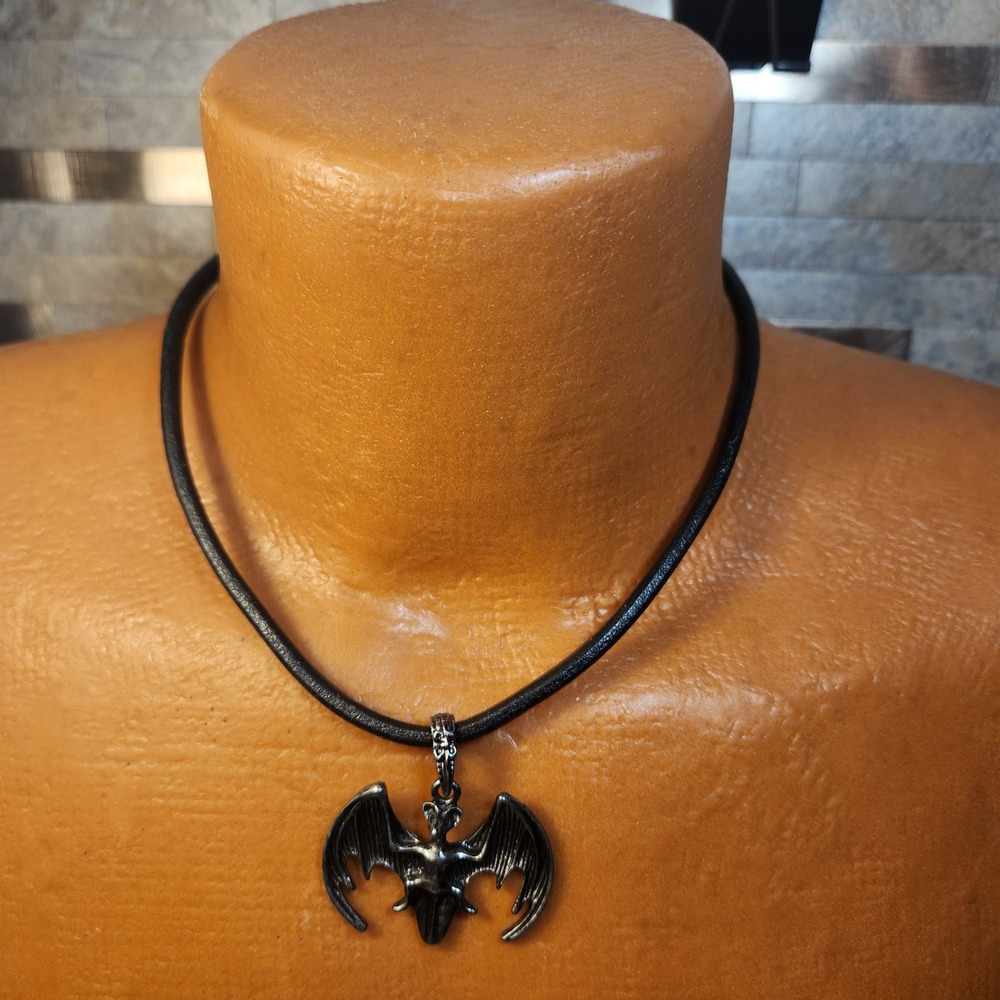 Gothic Bat Pendant Necklace Black Leather Cord Silver Tone Toggle Clasp 17.5 In